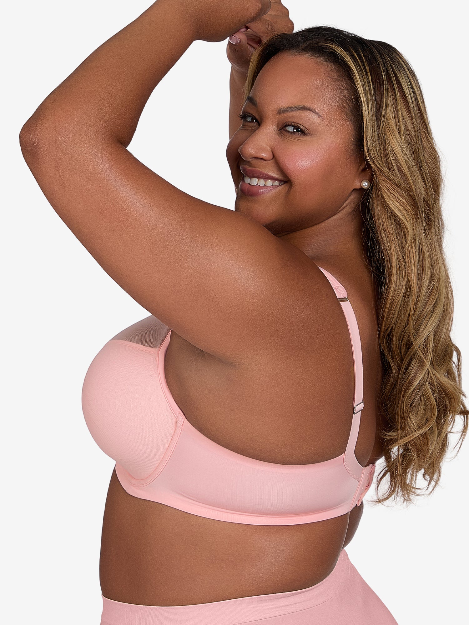 Side view of mesh plunge underwire bra in light pink