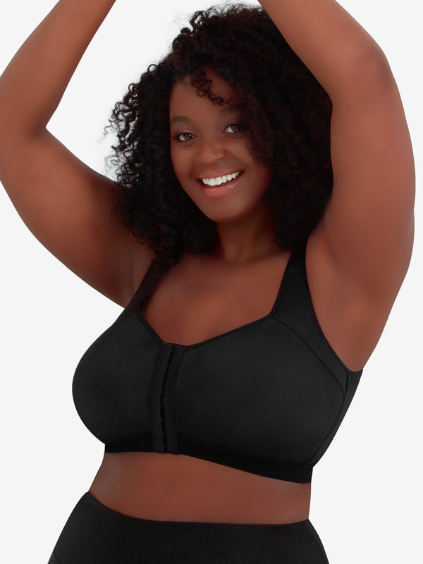 Front view of back smoothing front-closure bra in black