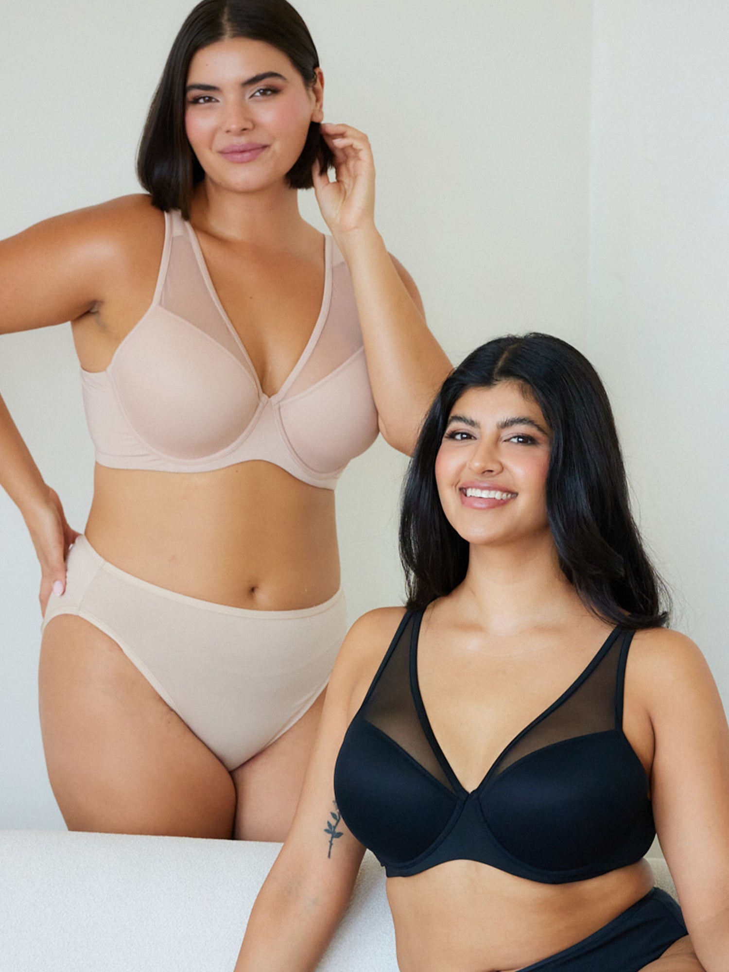 Lifestyle view of mesh plunge underwire bra in sand