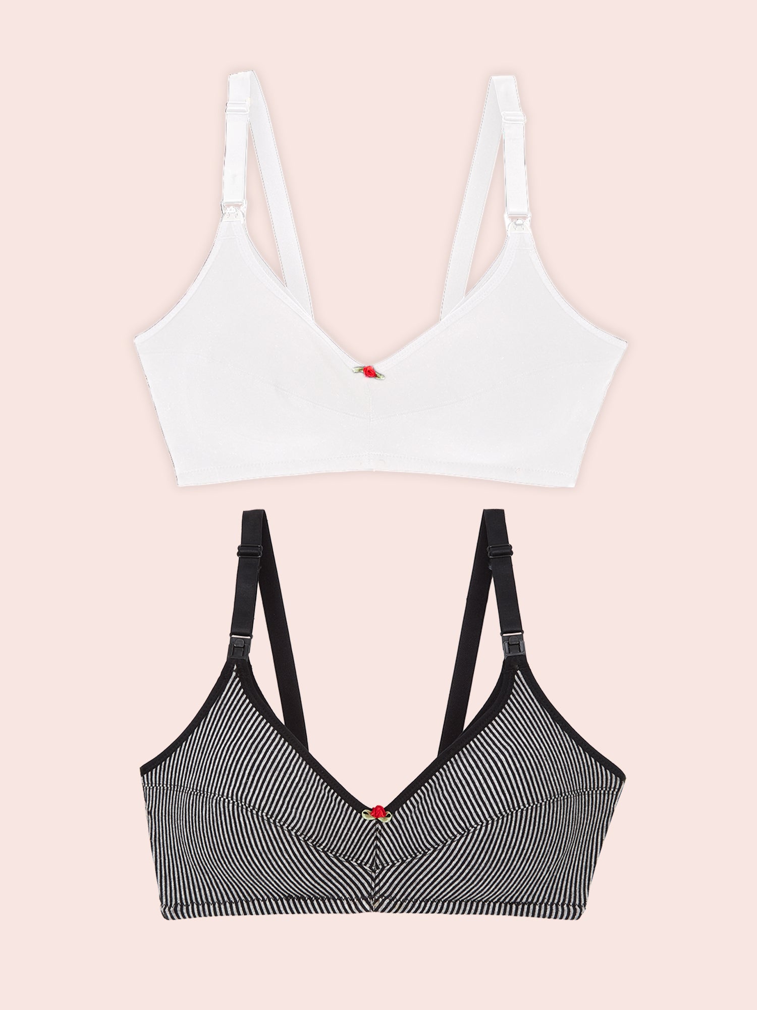 The Uma - Unpadded Cotton Wireless Nursing Bra 2-Pack - Black & Grey Stripe w/ White 2PK,34B