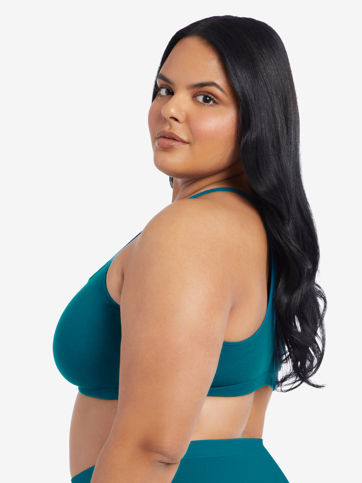 Front view of cotton wirefree sports bra in blue teal