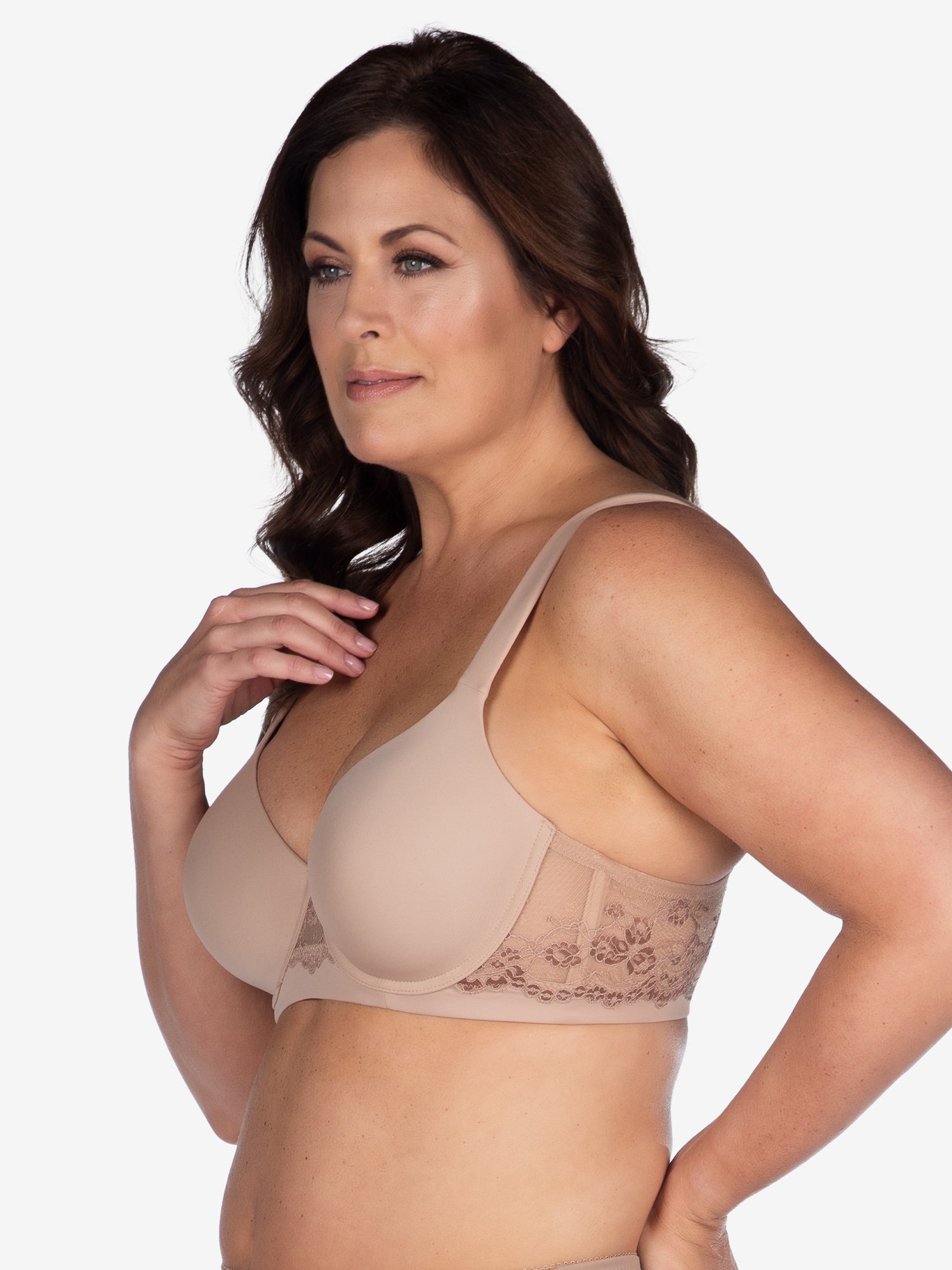 Back view of lace underwire t-shirt bra in warm taupe