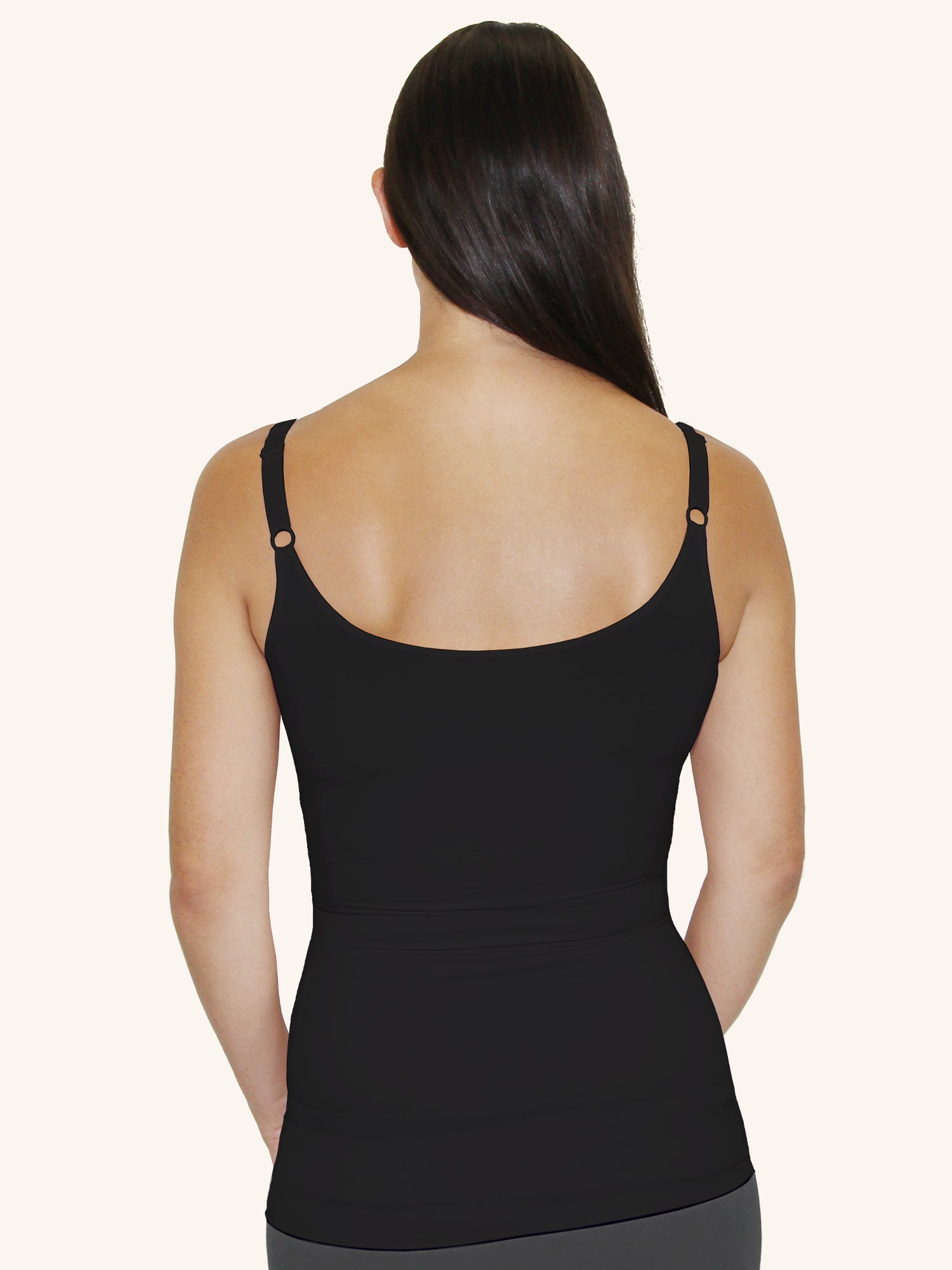 Back view of postpartum nursing shapewear cami with tummy control in jet black