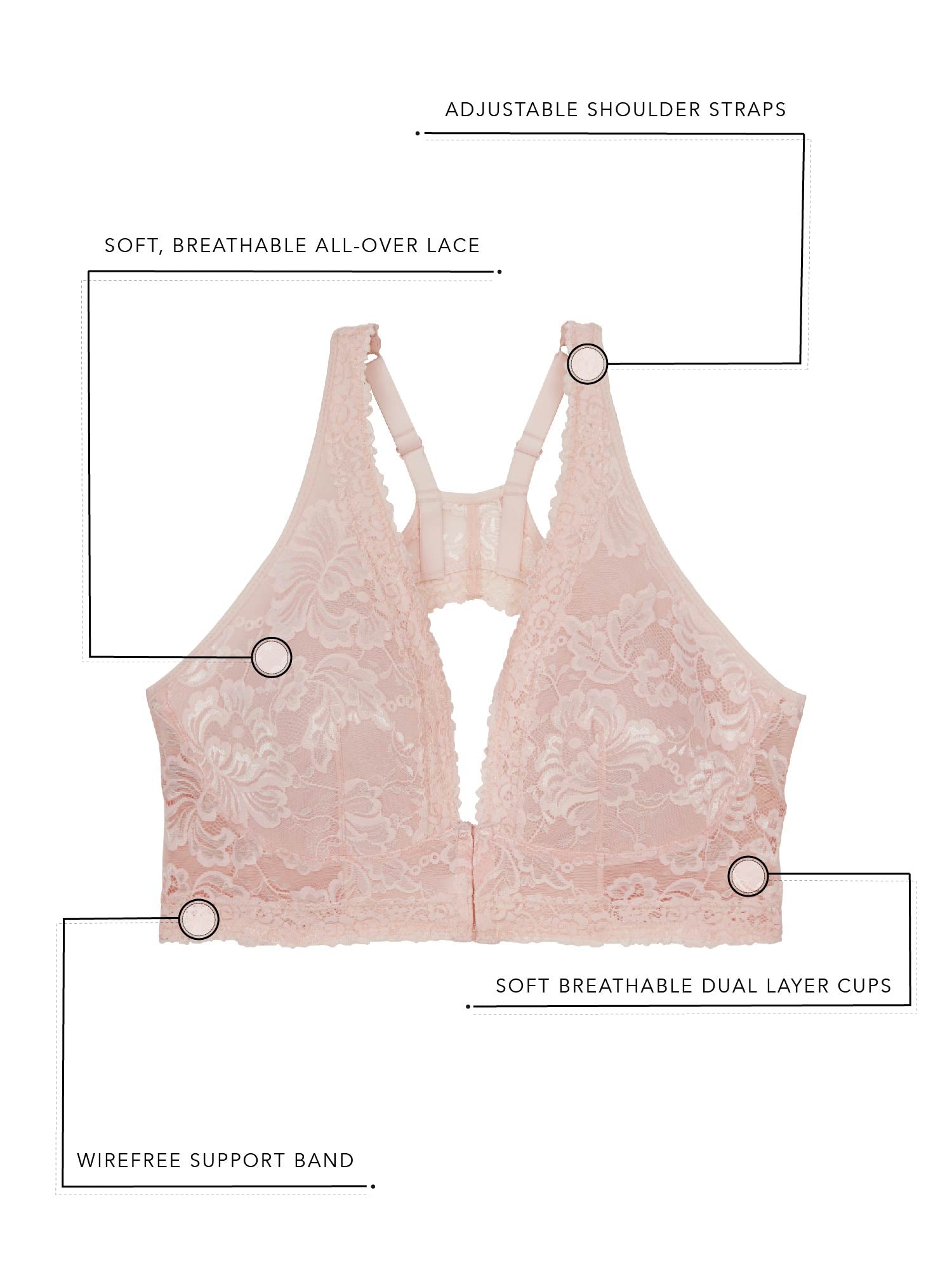 The Nola - Lace Wireless Front-Closure Bralette - Pearl Pink,M