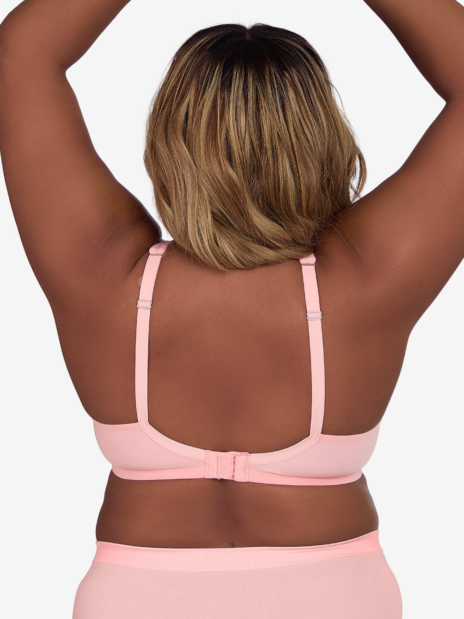 Back view of mesh plunge underwire bra in light pink