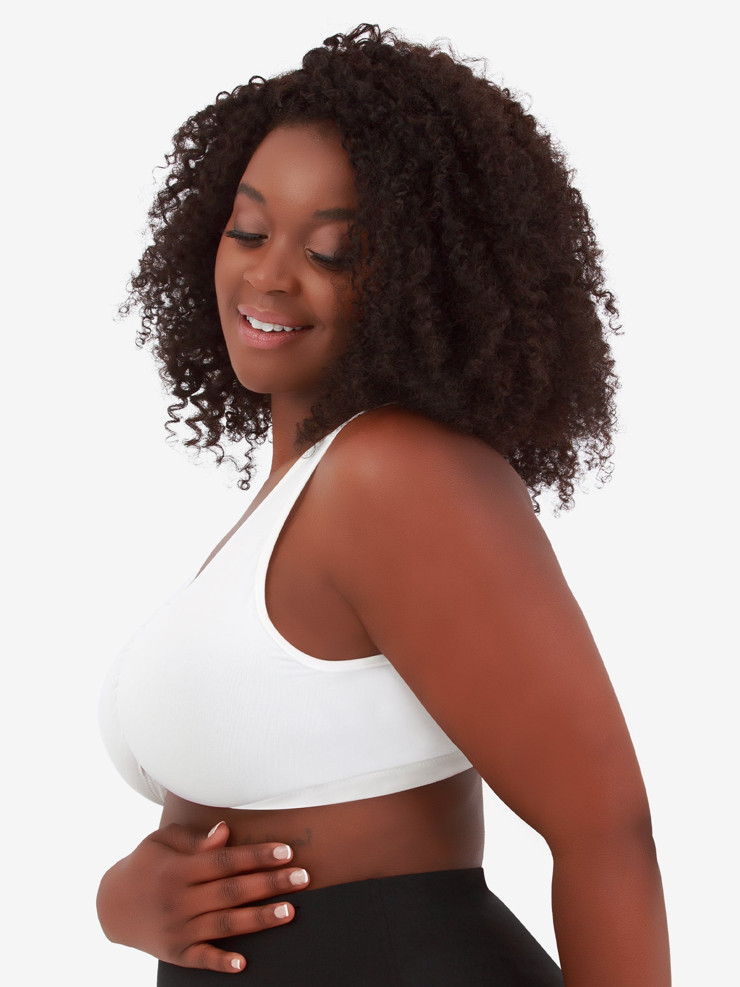 Side view of front-closure seamless comfort bra in white
