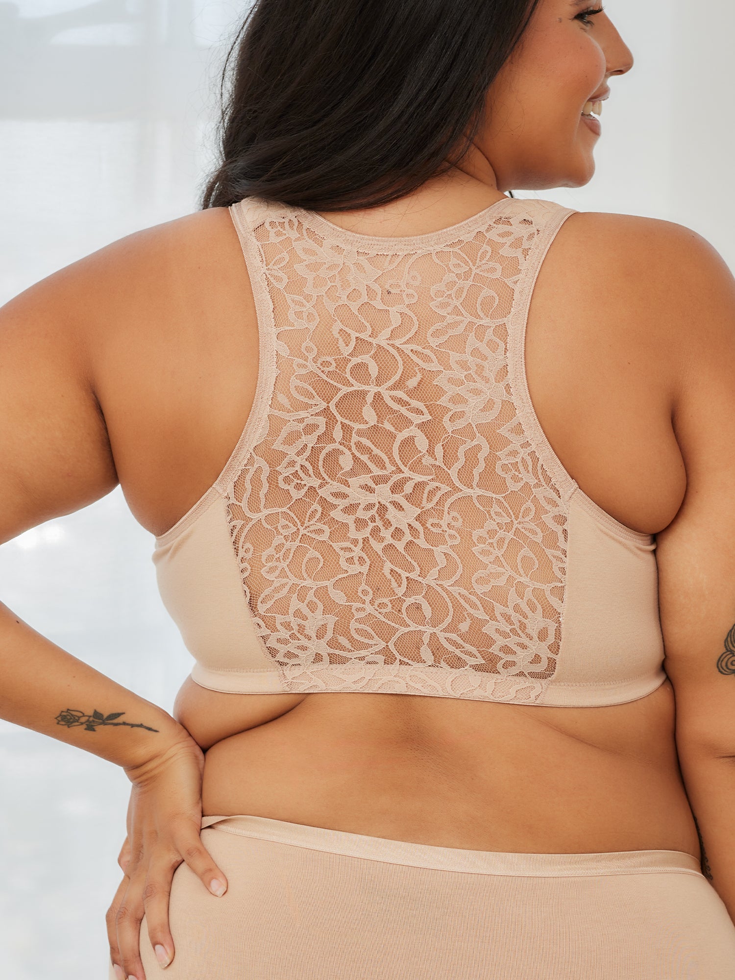 The Indy - Cotton Front-Closure Lace Racerback Bra - Sand,36AB