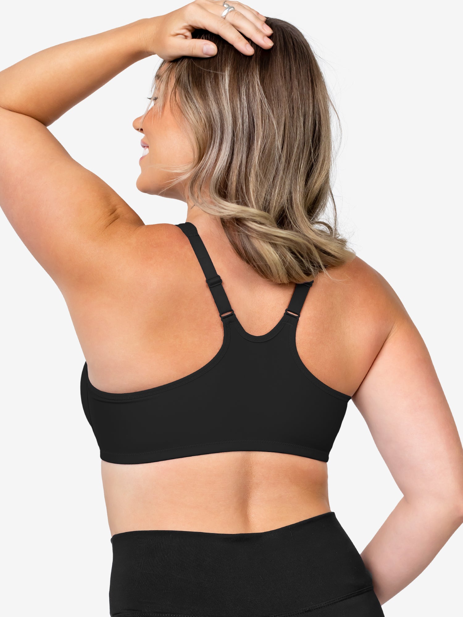 Front view of front-closure racerback t-shirt bra in black