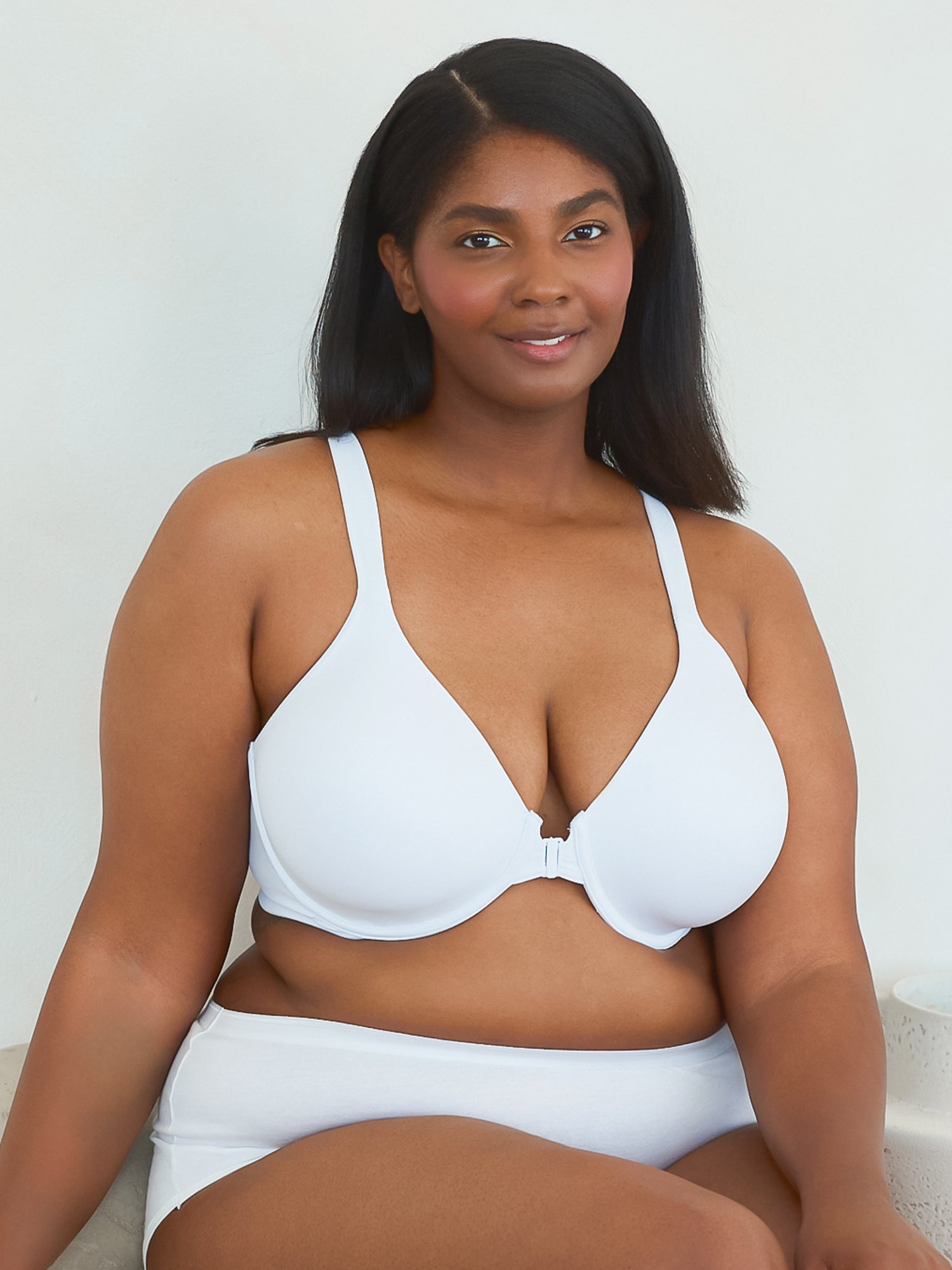 Front view of front-closure racerback t-shirt bra in white