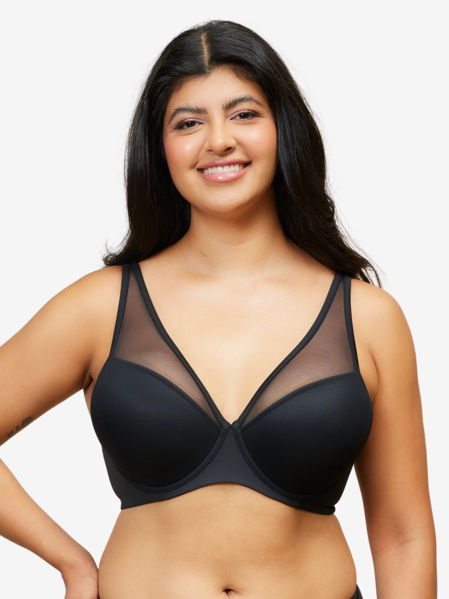 Front view of mesh plunge underwire bra in black