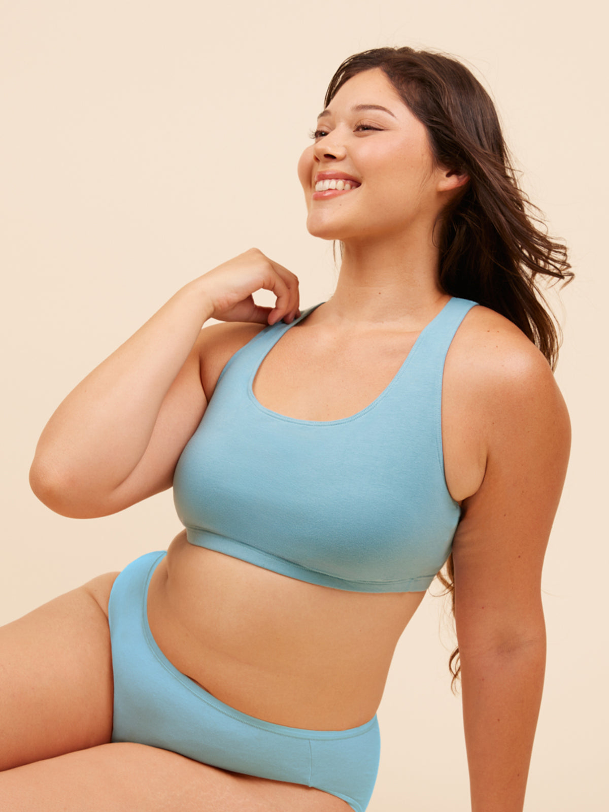 The Serena - Wireless Racerback Cotton Sports Bra - Sea Glass Blue,38BCD