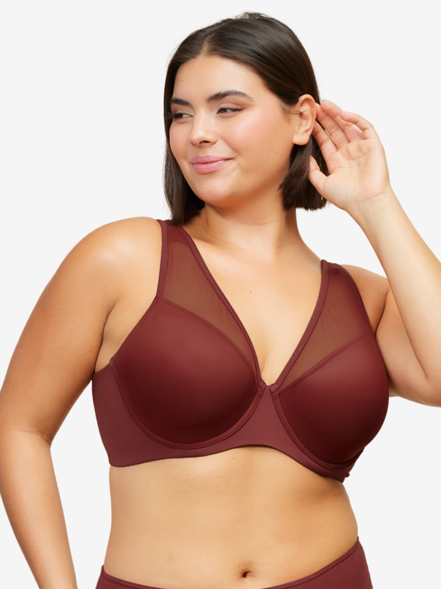 Front view of mesh plunge underwire bra in spiced apple