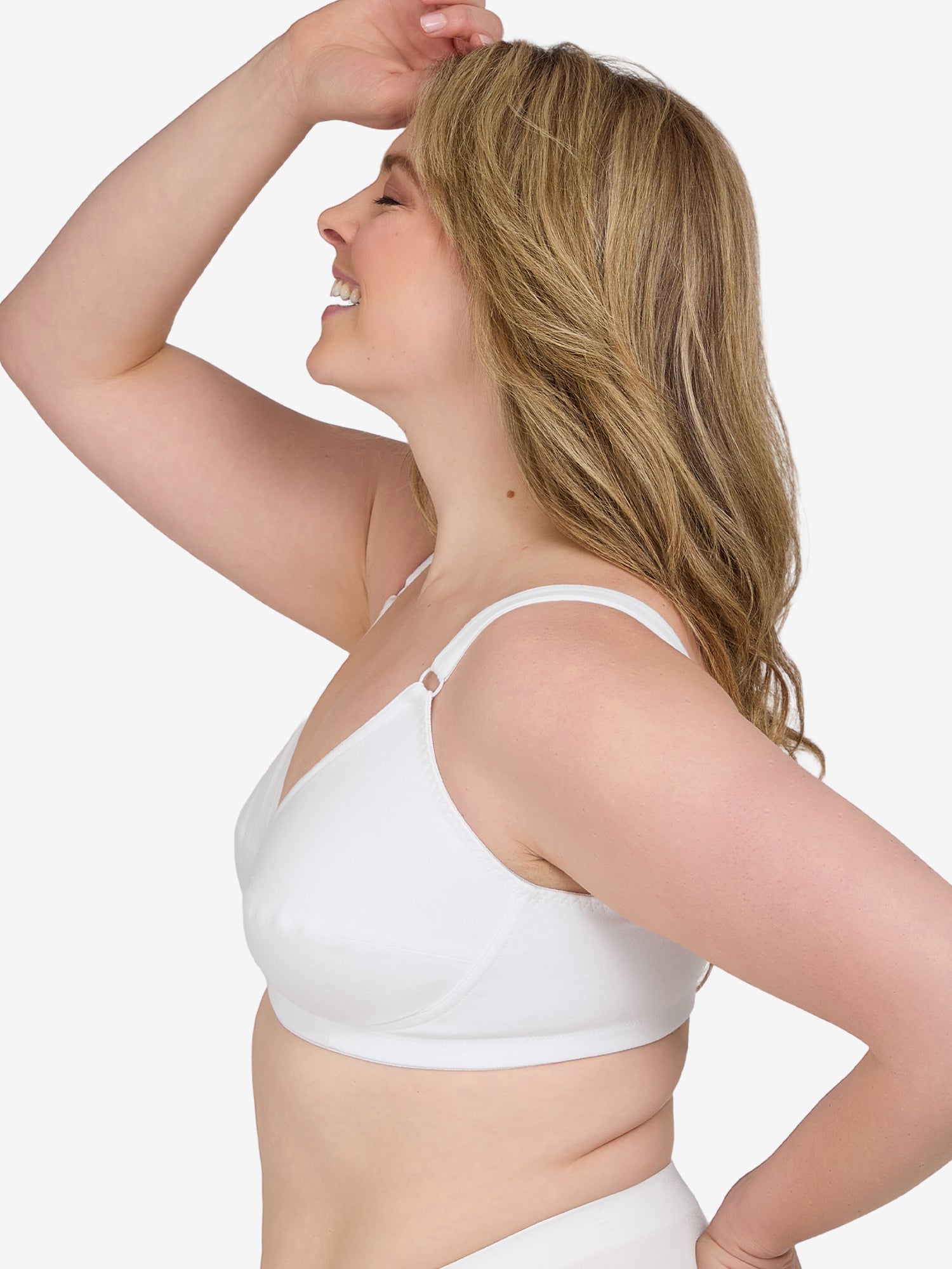 Side view of cotton latex free bra in white