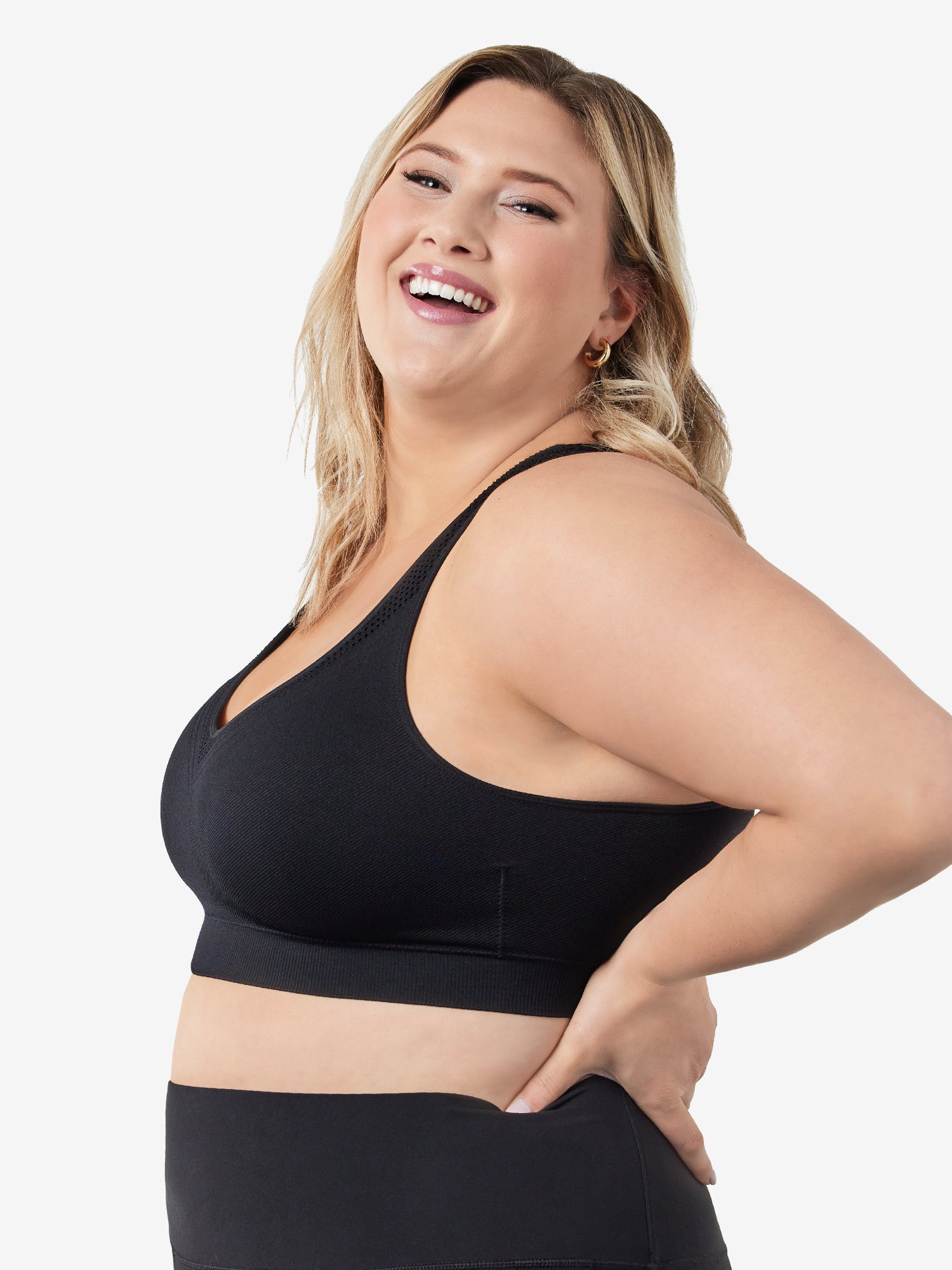 Side view of cooling racerback sports bra in black