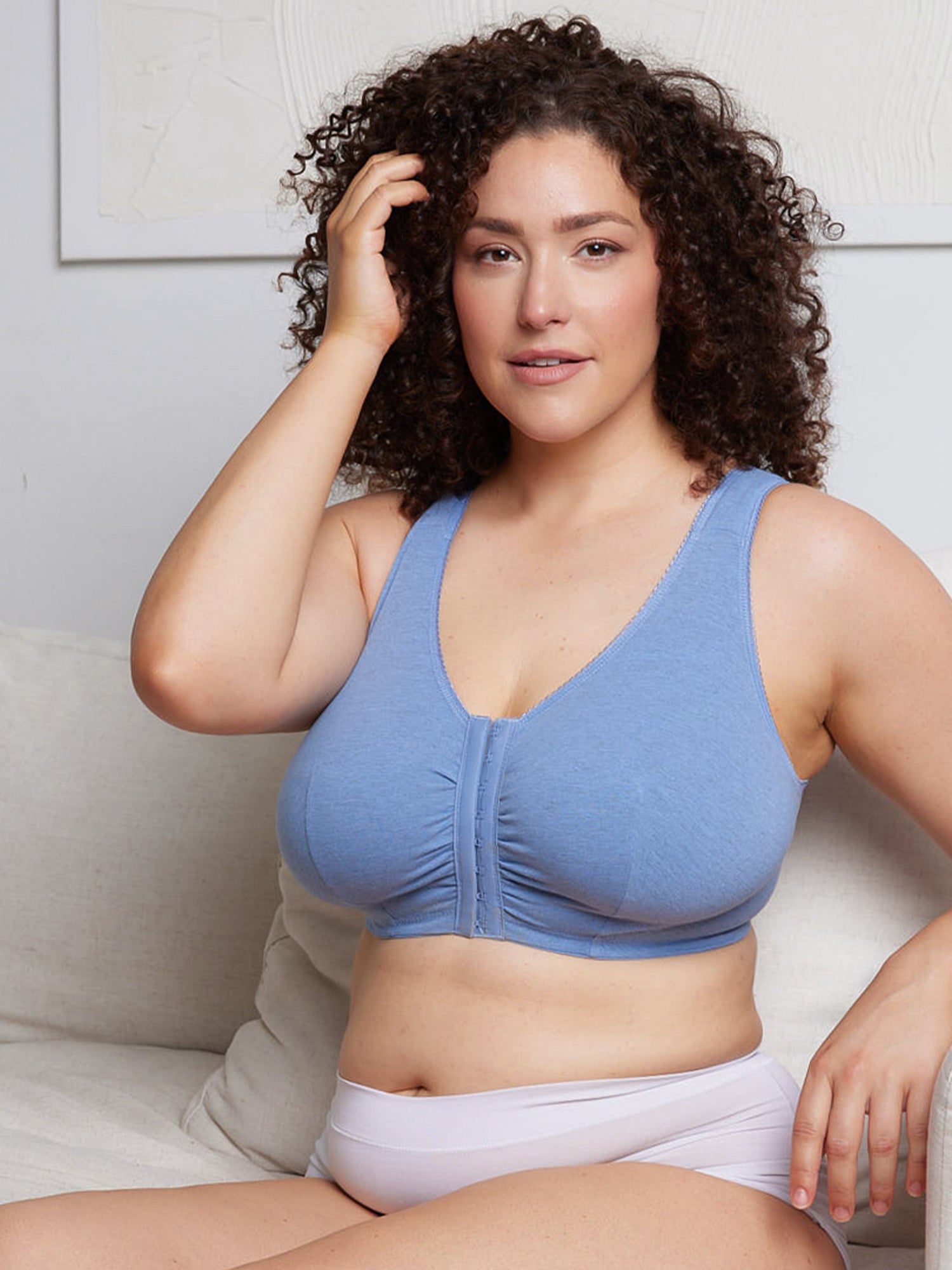 The Meryl - Cotton Front-Closure Comfort & Sleep Bra - Heather Denim Blue,36AB