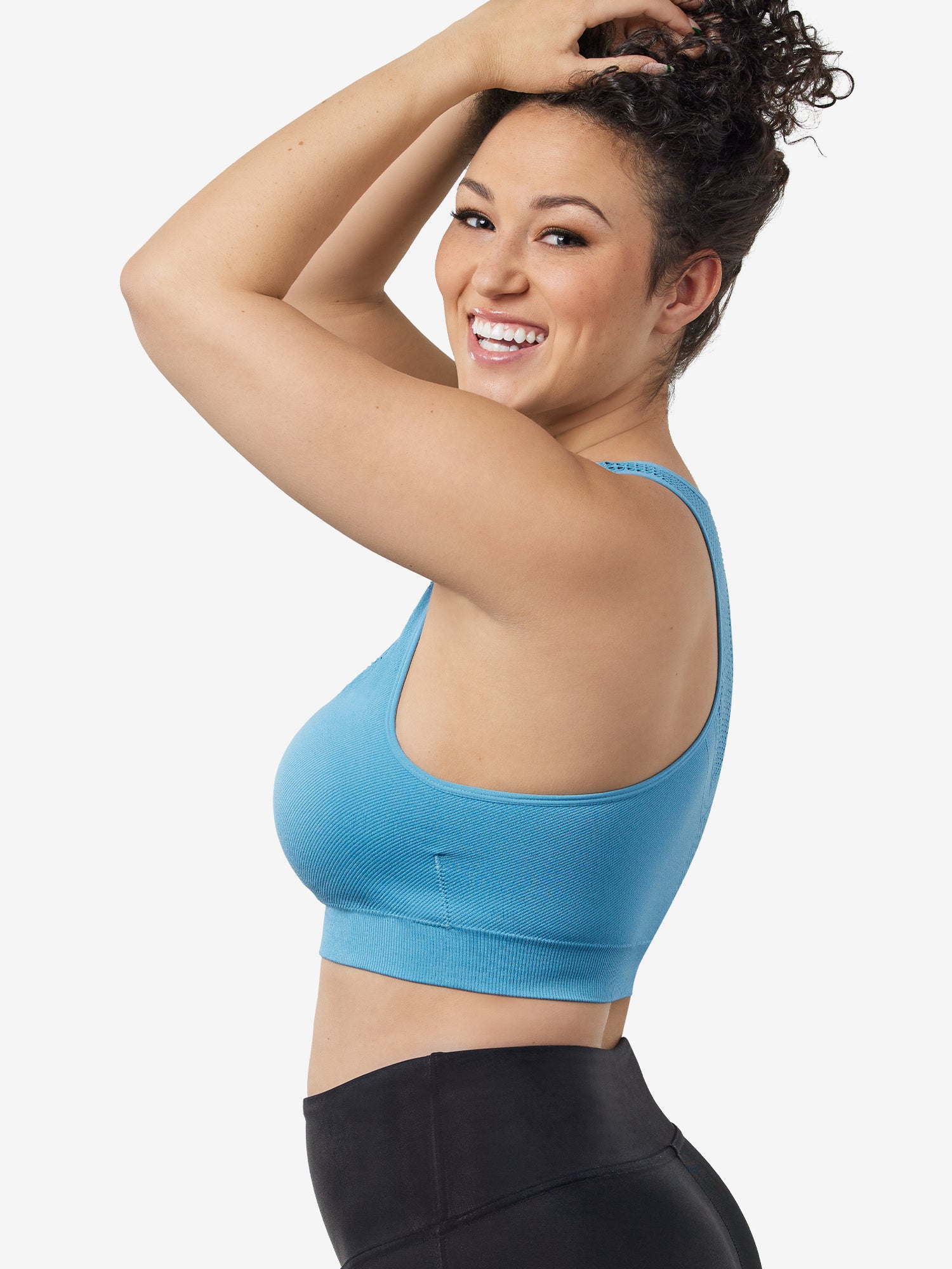 Front view of cooling racerback sports bra in arctic blue
