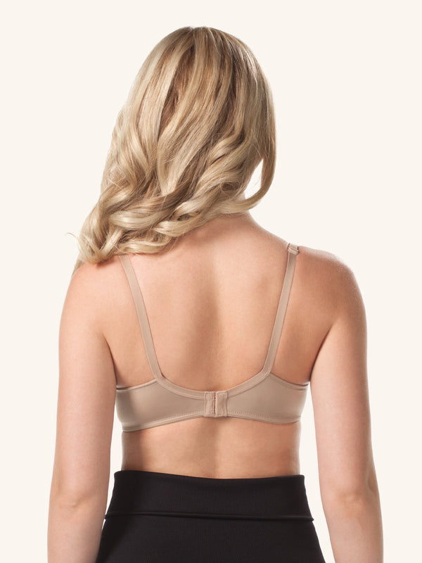 Front view of underwire maternity to nursing bra in warm taupe