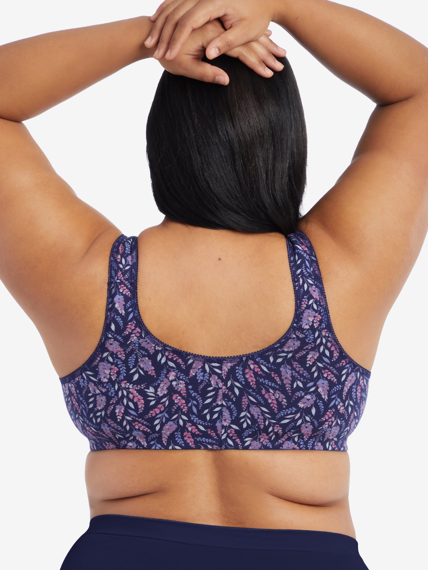 Back view of cotton front-closure wirefree comfort bra in dark purple floral print
