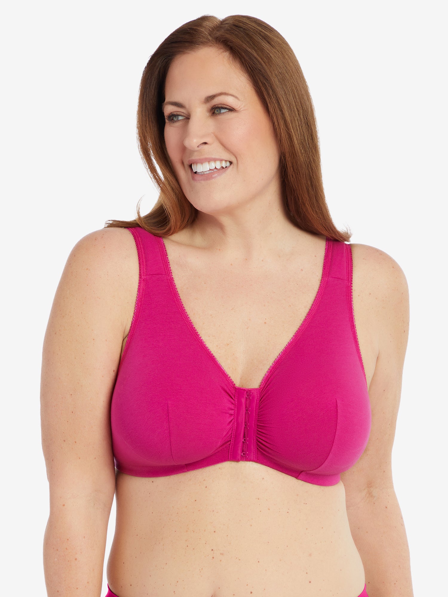 Front view of cotton front-closure wirefree comfort bra in berry