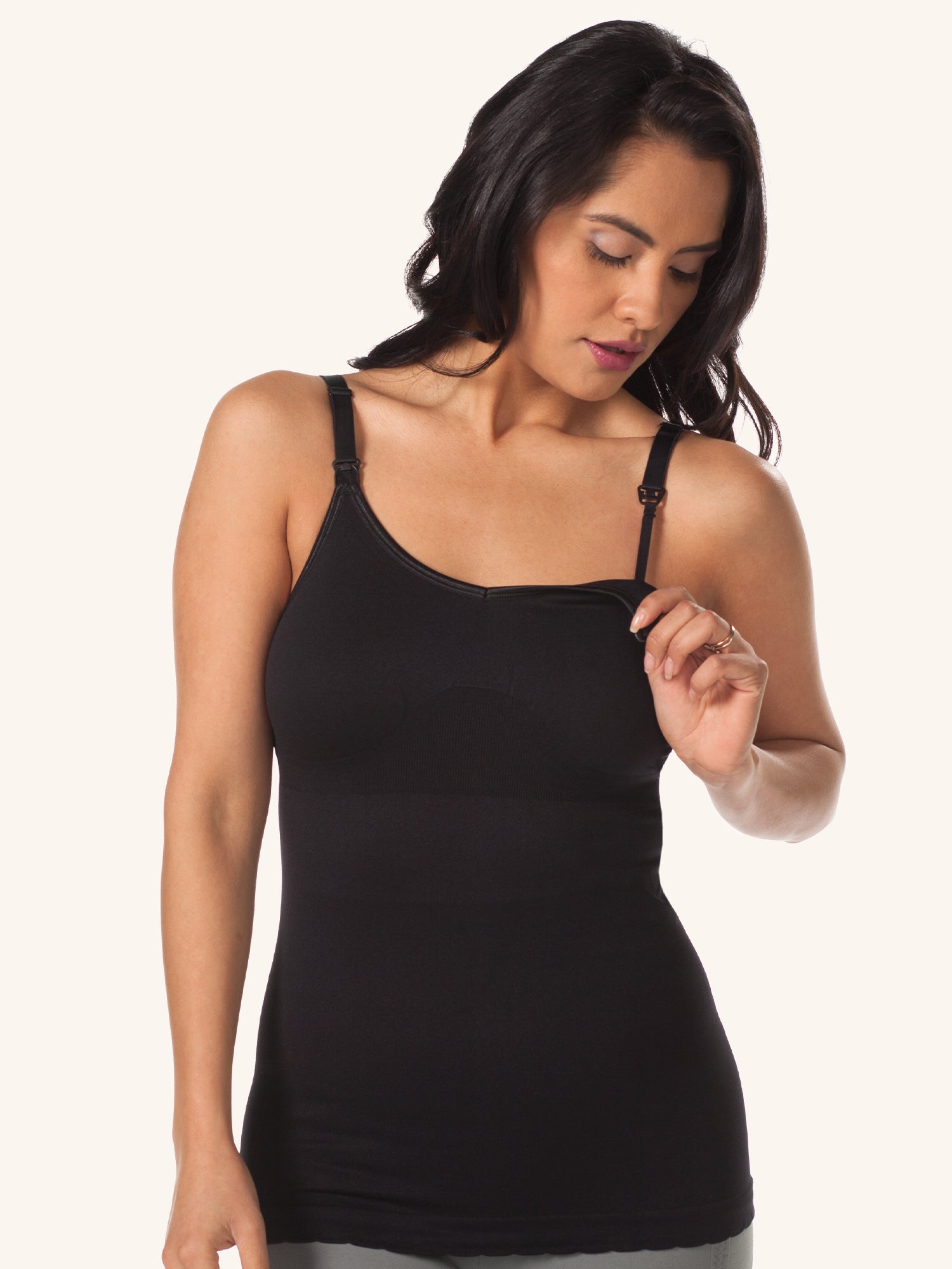 Front view of maternity to nursing seamless cotton tank in jet black