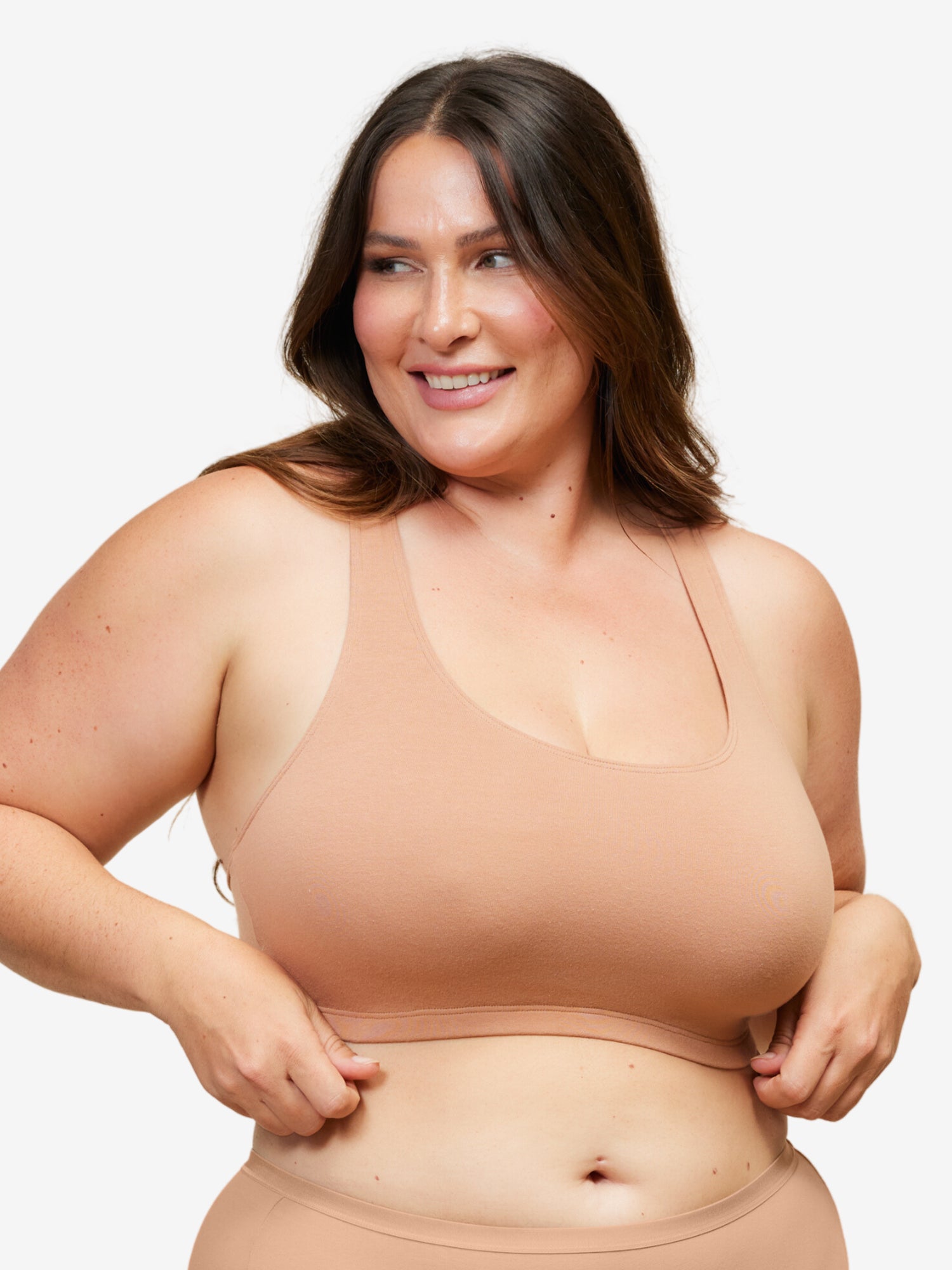 Front view of cotton wirefree sports bra in mocha