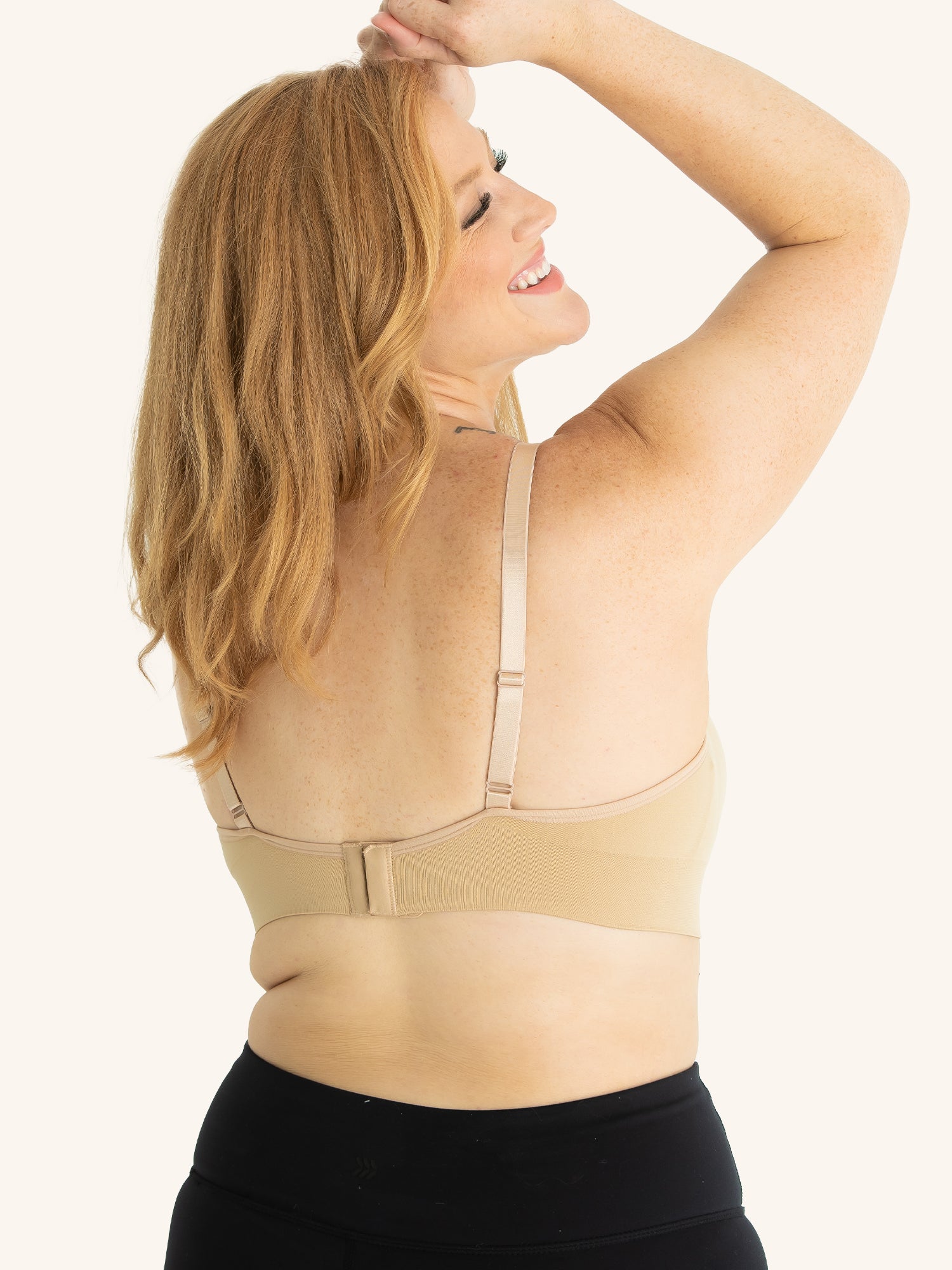 Back view of seamless comfort maternity nursing bra in salt beige
