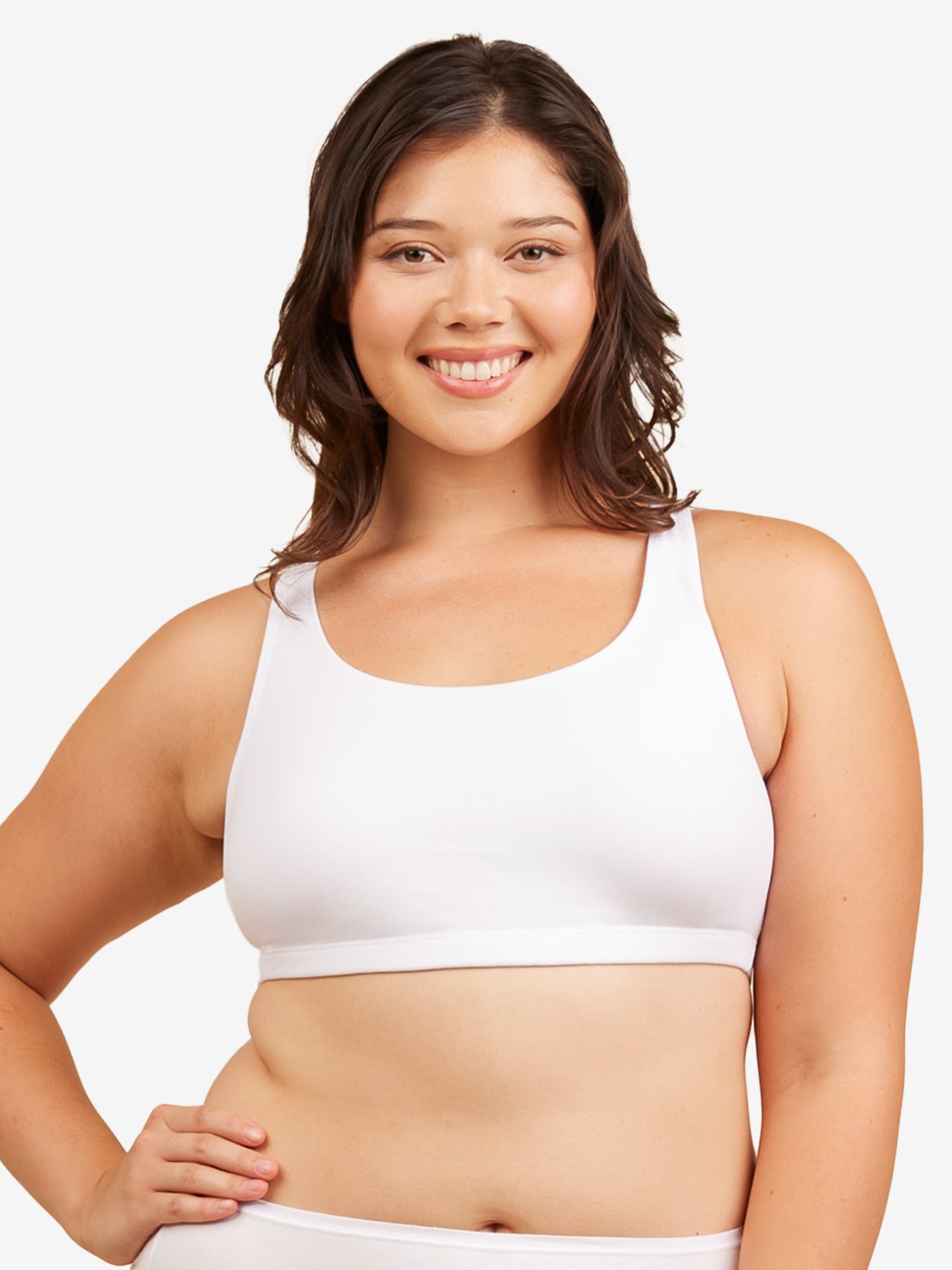 Front view of cotton wirefree sports bra in white