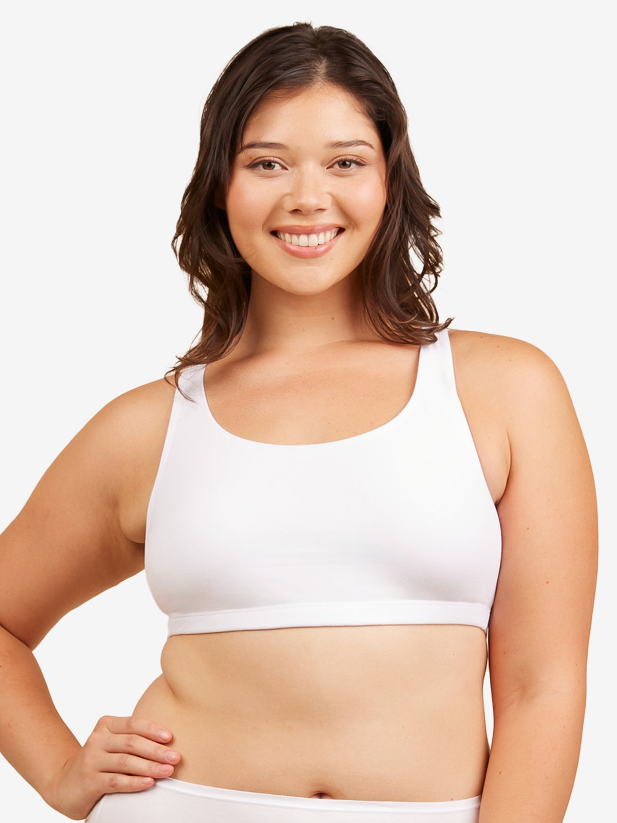 Front view of cotton wirefree sports bra in white