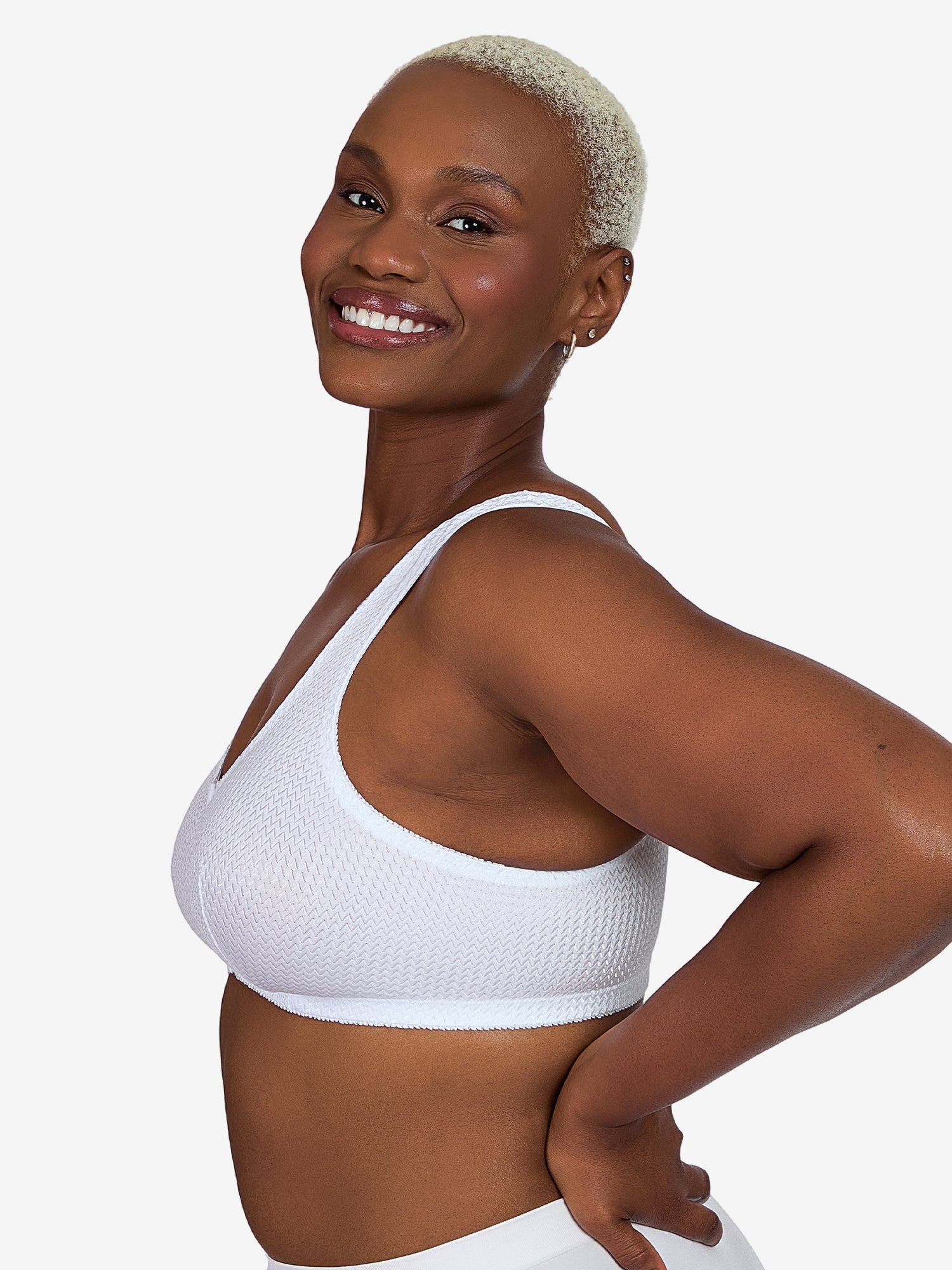 Side view of zig-zag weave front-closure comfort bra in white