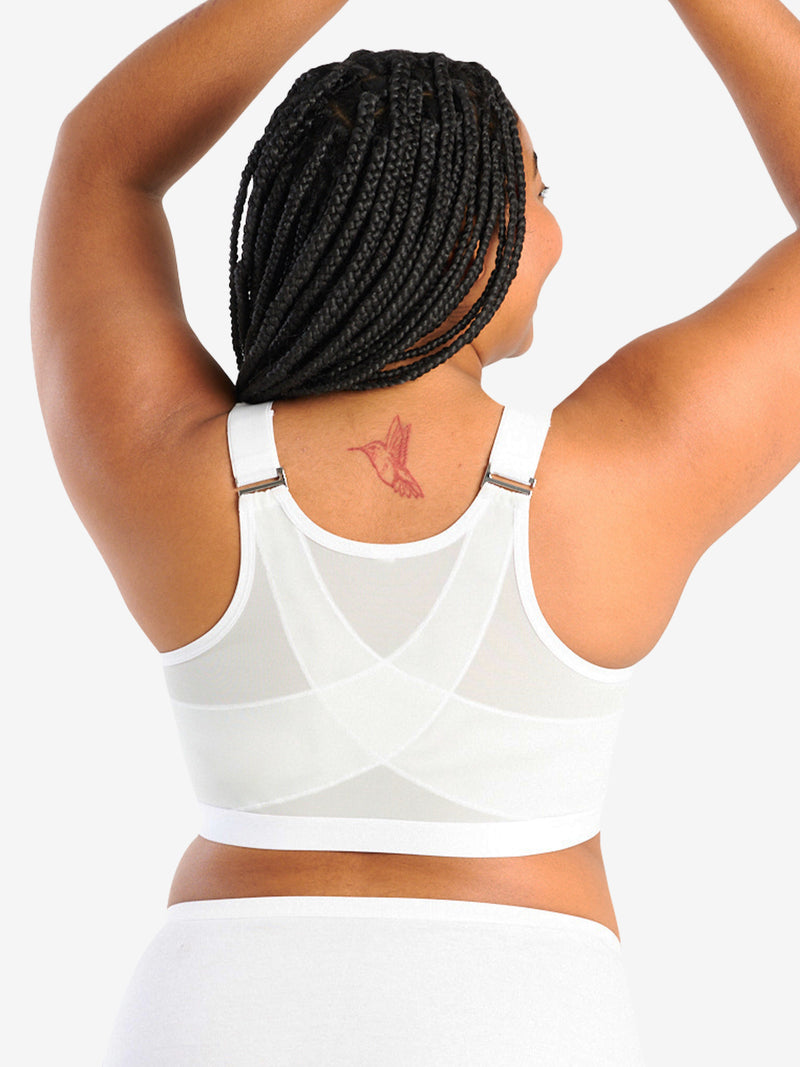 Back view of posture support smoothing front-closure bra in white