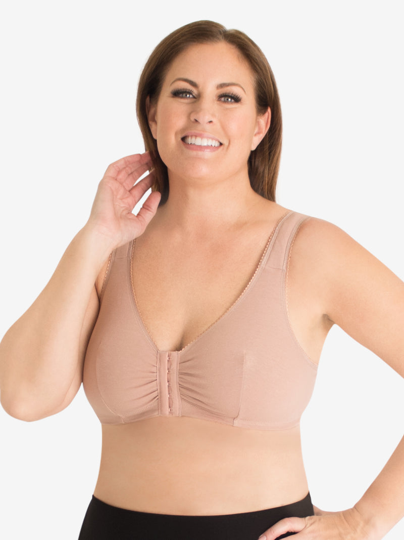 Front view of cotton front-closure wirefree comfort bra in warm taupe
