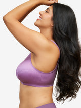 Side view of zig-zag weave front-closure comfort bra in violet