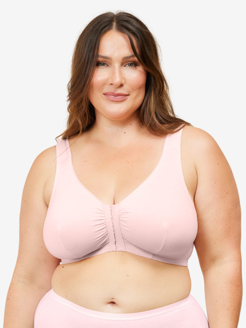 Front view of cotton front-closure wirefree comfort bra in pink