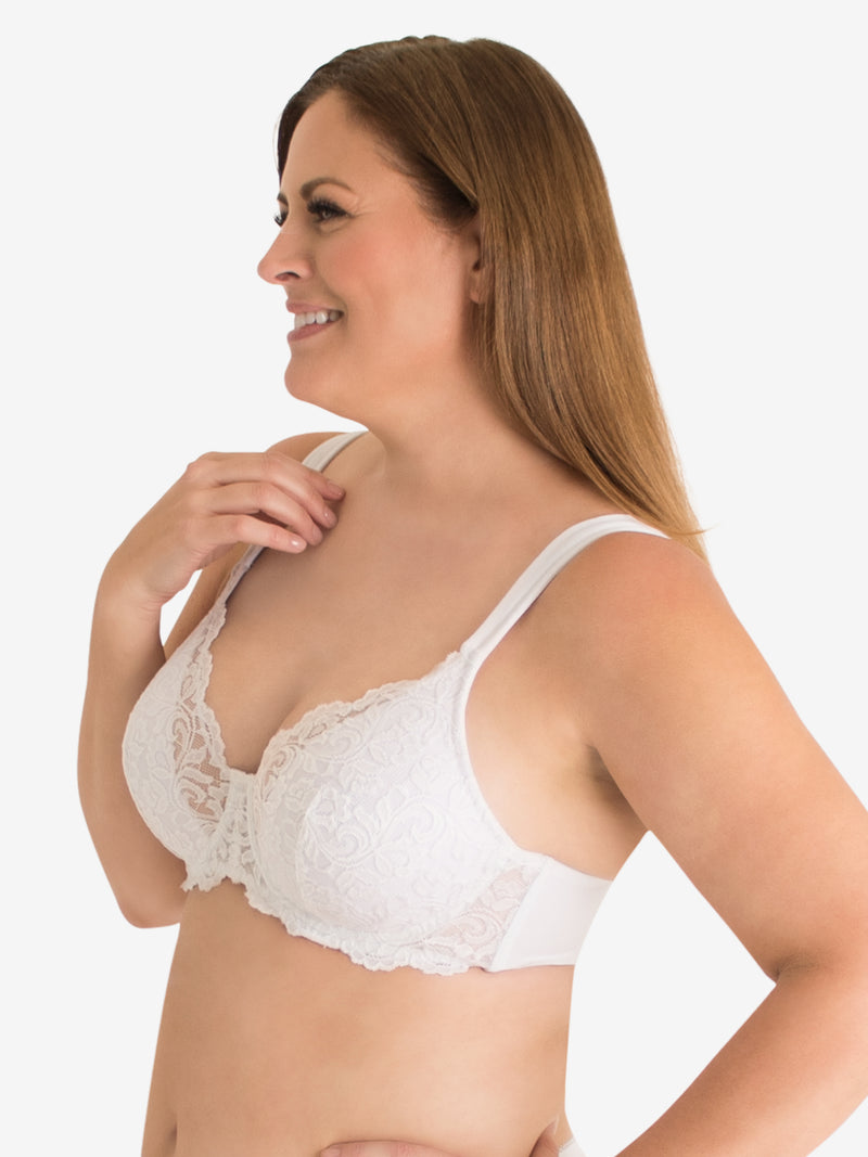 Side view of scalloped lace underwire bra in white