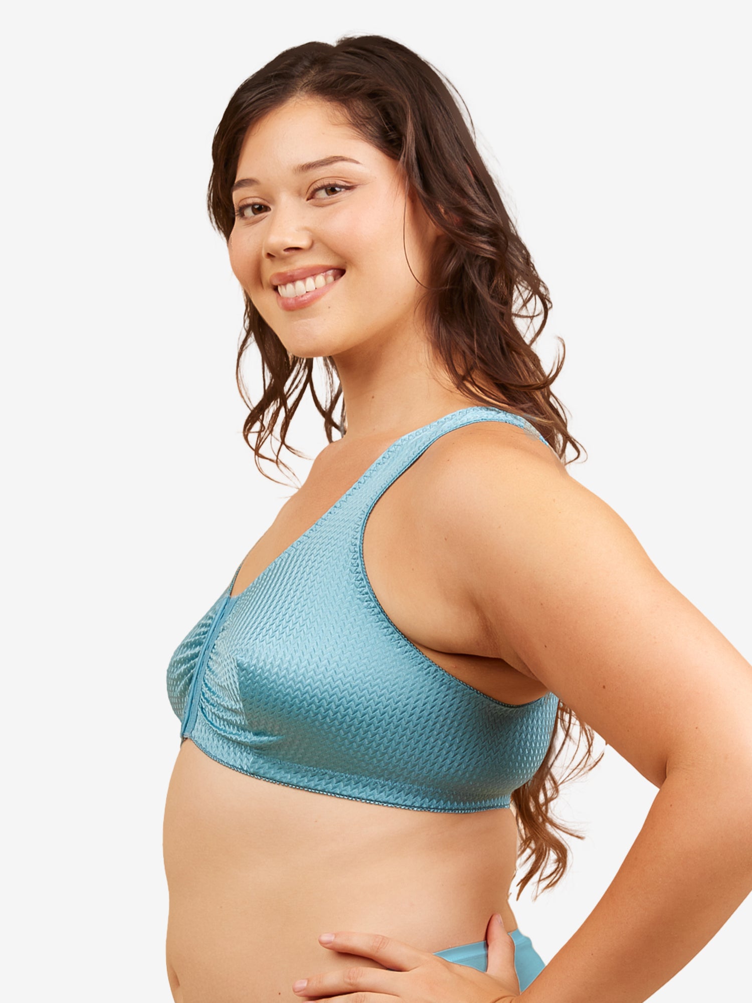 Side view of zig-zag weave front-closure comfort bra in blue