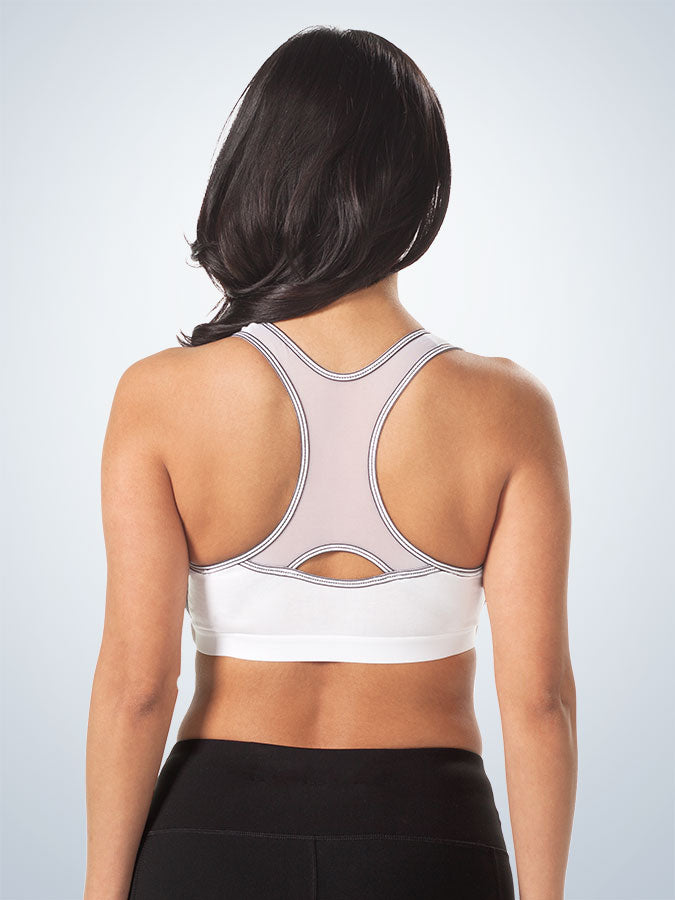 Back view of maternity to nursing adjustable sports bra in white