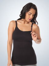 Front view of maternity to nursing seamless cotton tank in jet black