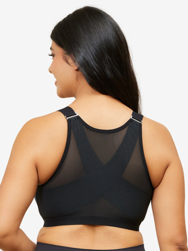 Back view of posture support smoothing front-closure bra in black