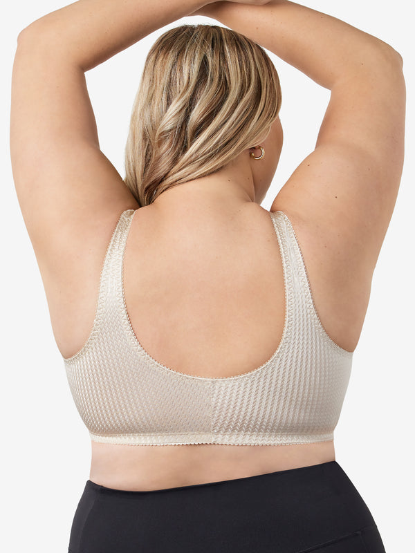 Back view of zig-zag weave front-closure comfort bra in beige