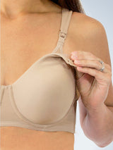 Close up detail view of cool fit underwire nursing bra in warm taupe