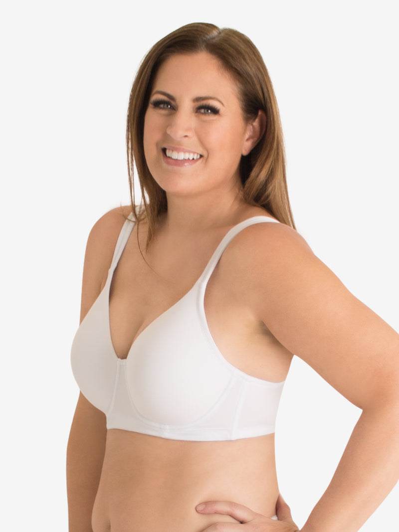 Side view of full coverage wirefree padded bra in white