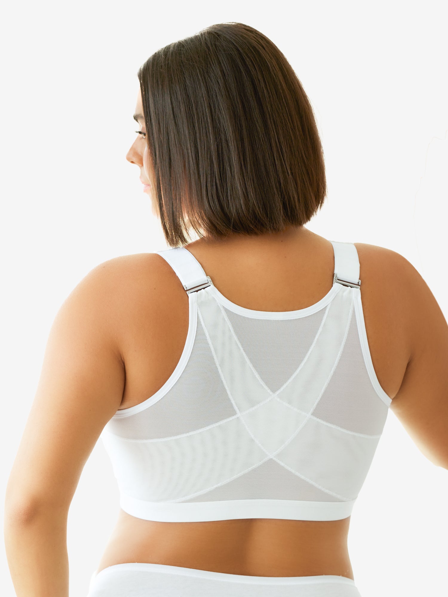 Back view of posture support smoothing front-closure bra in white