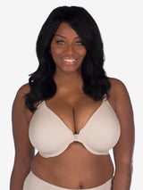 Front view of front-closure racerback t-shirt bra in nude