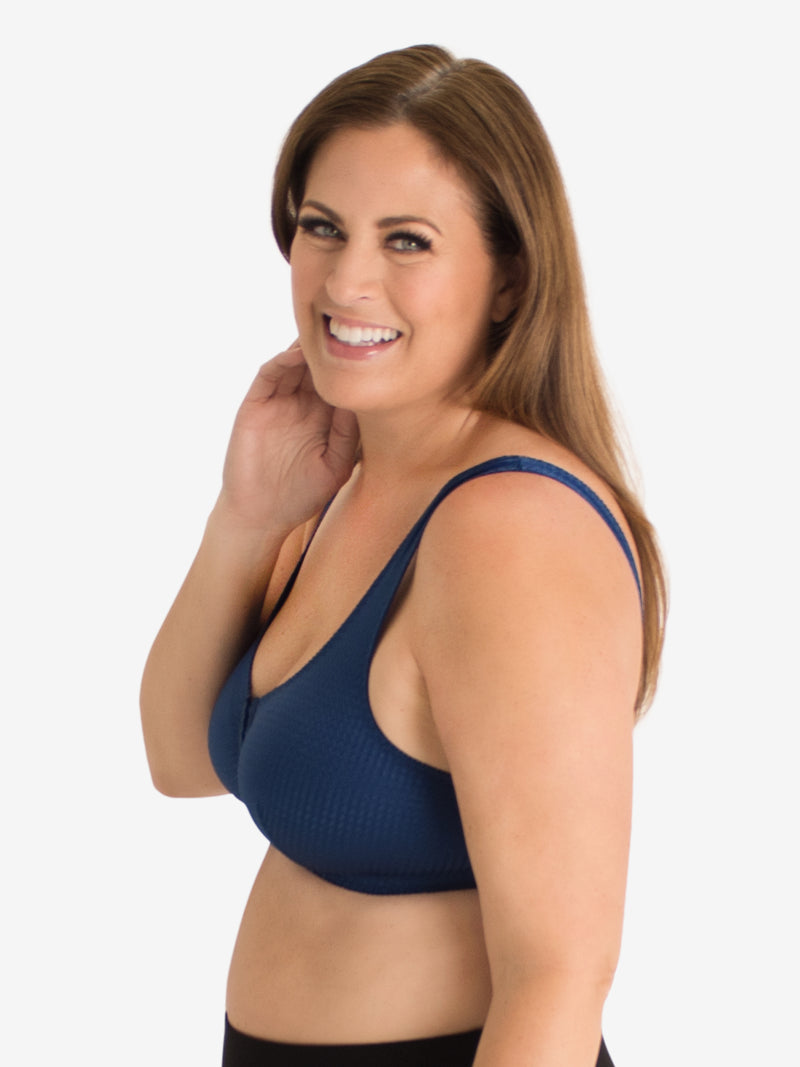 Side view of zig-zag weave front-closure comfort bra in sapphire