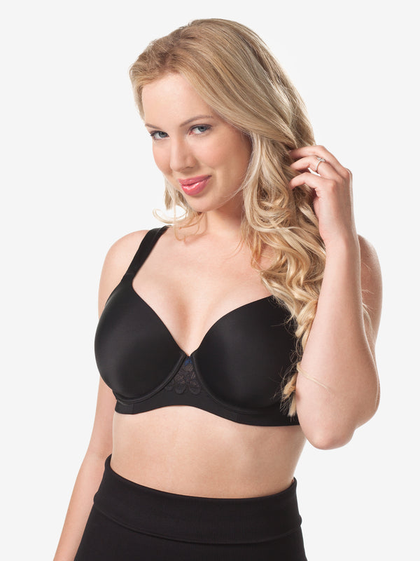 Front view of lace wirefree t-shirt bra in black