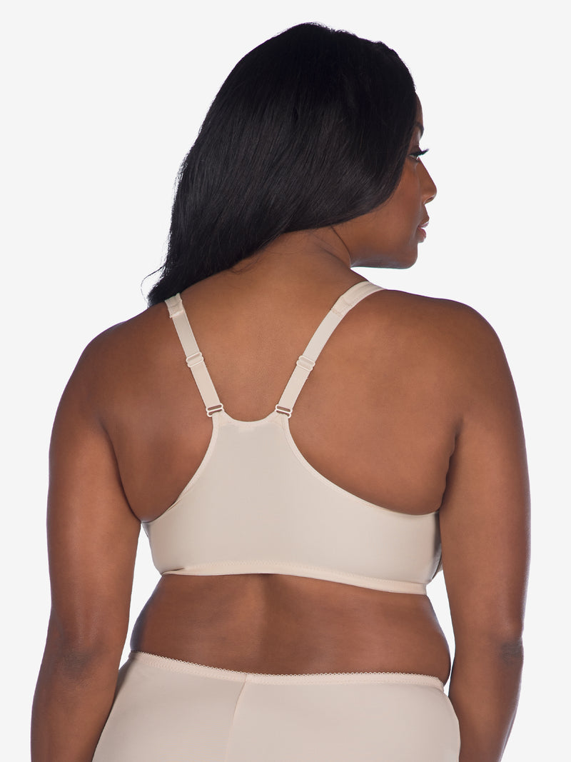 Back view of front-closure racerback t-shirt bra in nude