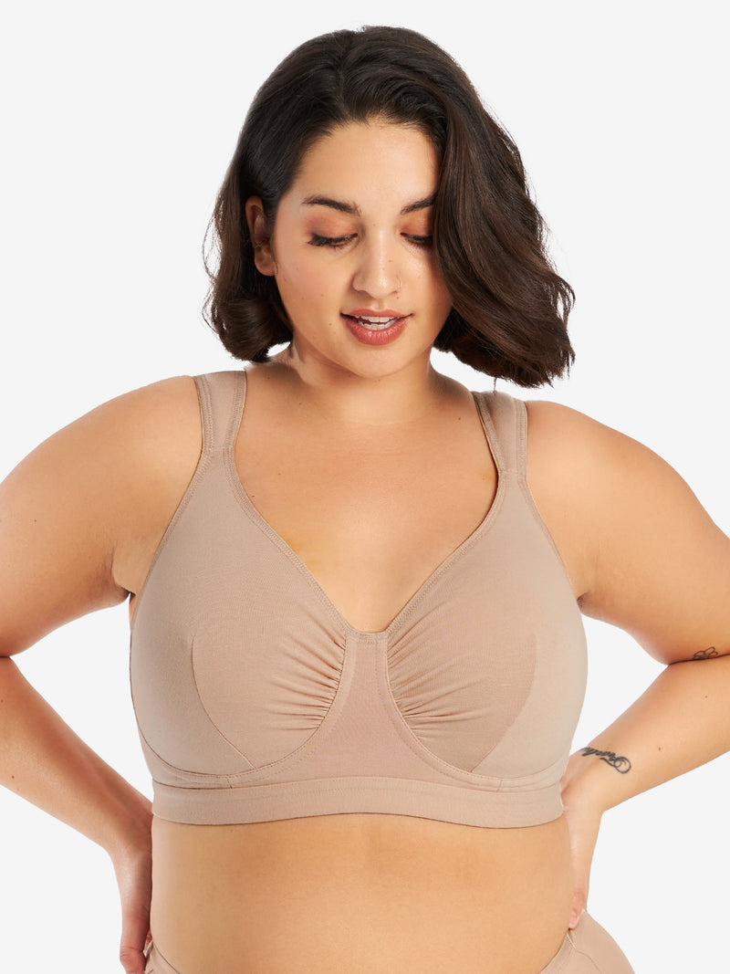 Front view of cotton comfort bra in sand
