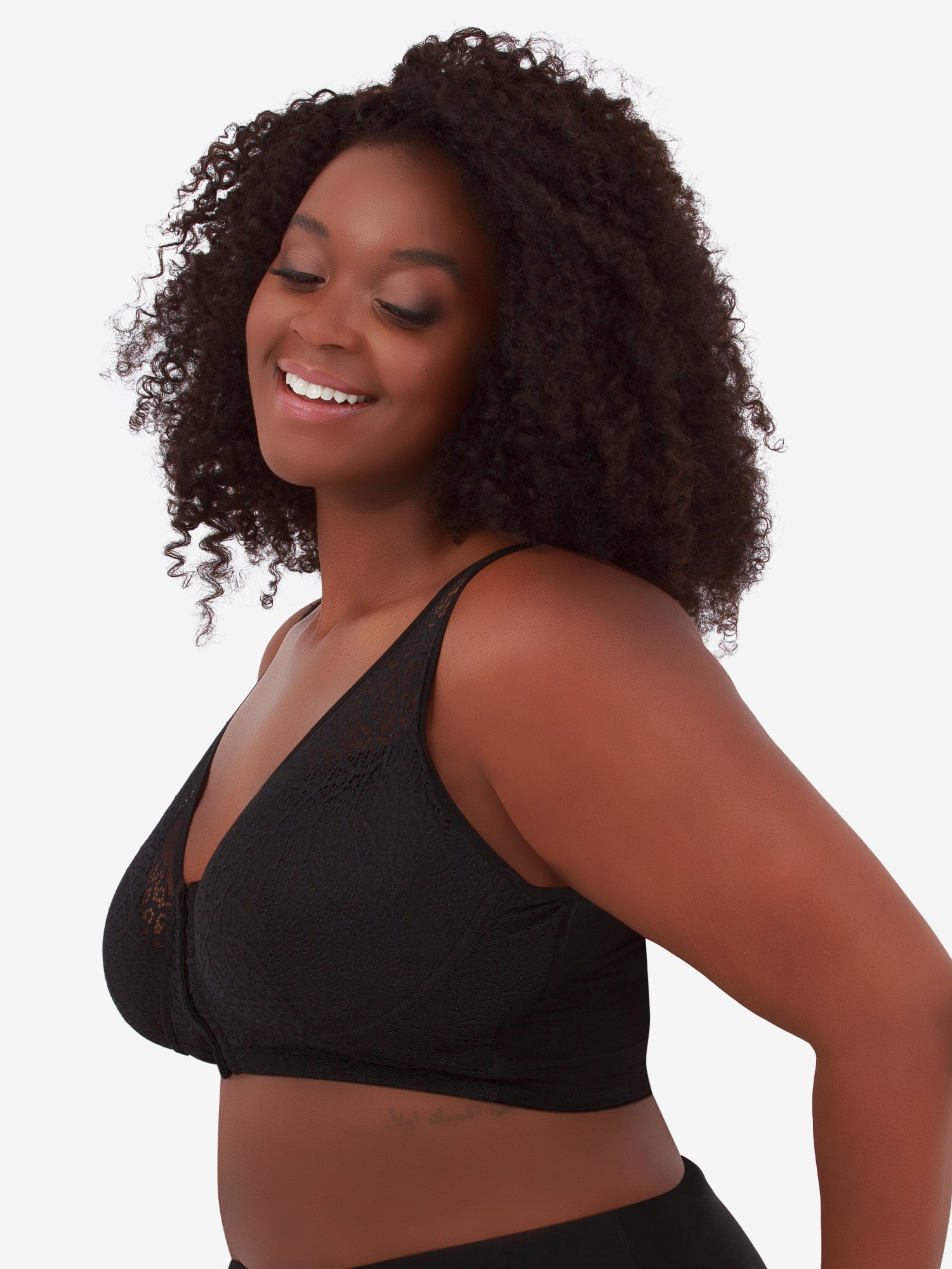 Side view of shimmer support back front-closure lace bra in black