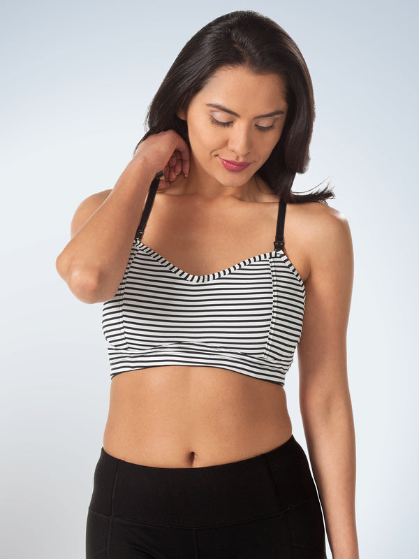 Front view of loving moments nursing sports bra in black and white stripe