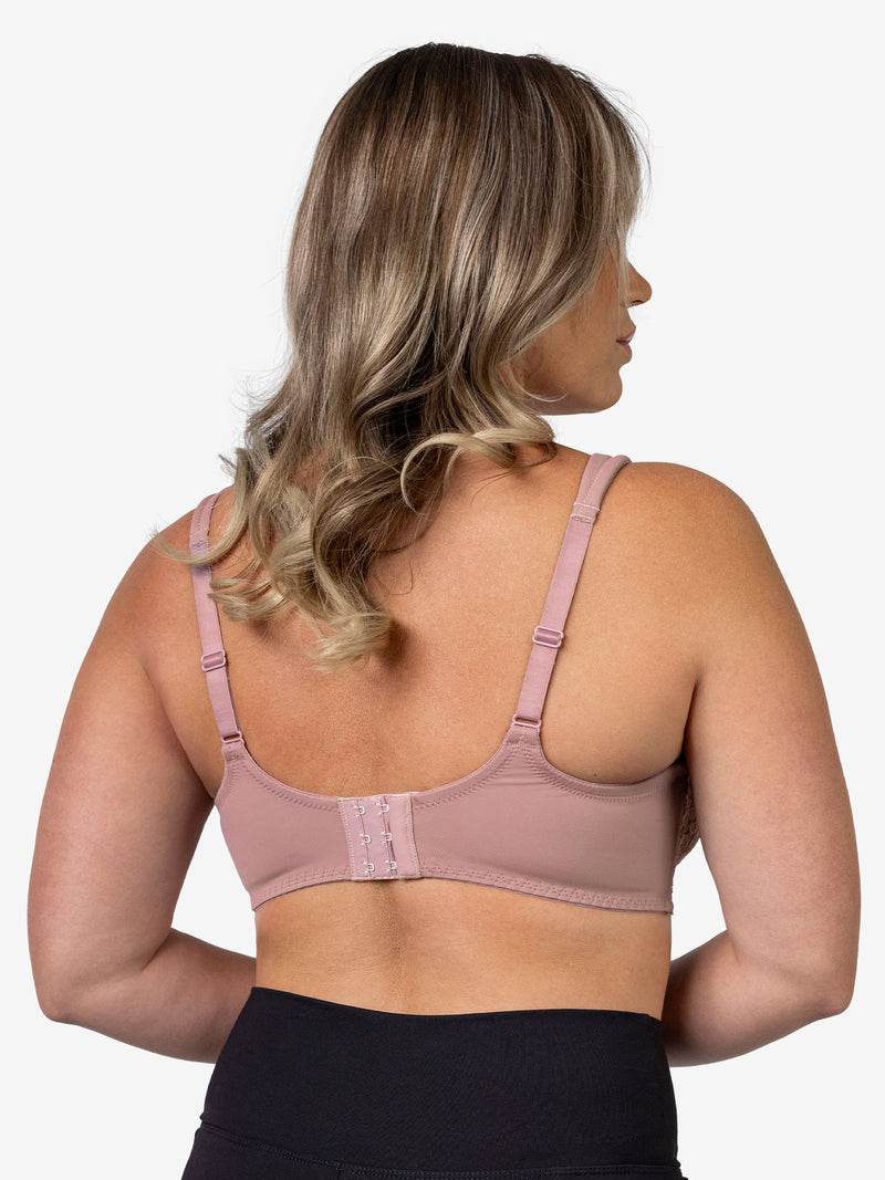 Back view of scalloped lace underwire bra in rose mauve